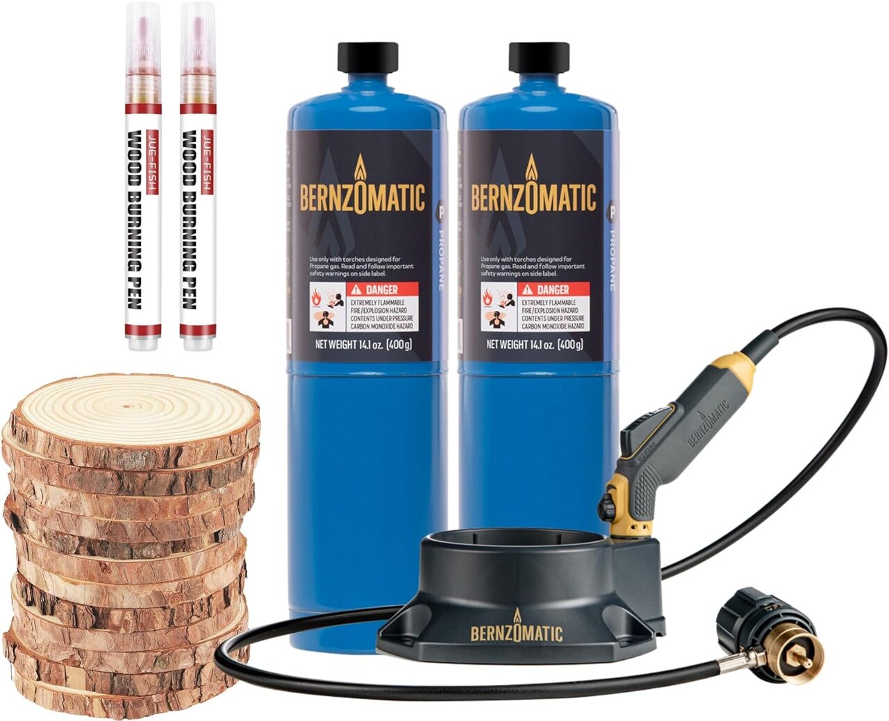 Bernzomatic FirePoint Creator Tool Wood Burning Kit for Crafts and Gifts: Includes Precision Flame Propane Torch, 2 Propane Fuel Cylinders, 2 Wood Burning Pens, and 12 Natural Wood Slices